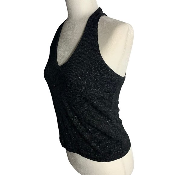 Vintage Y2K Xscape Cropped Halter Top S Black Metallic Button Neck Lined - Picture 3 of 7